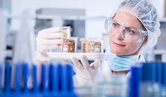 photo of a lab technitian looking at a vial