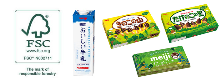 Photo: FSC logo, Meiji Oishii Gyunyu, Meiji Bulgaria Yogurt, Meiji Agroforestry Chocolate, Kinoko no Yama  (Chocorooms) , Takenokono no Sato (Chococones)