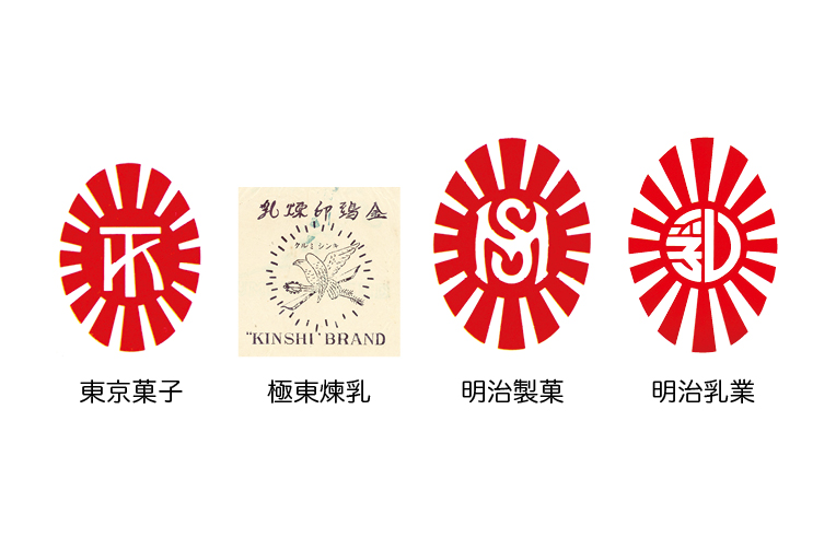 東京菓子、極東煉乳、明治製菓、明治乳業のロゴ
