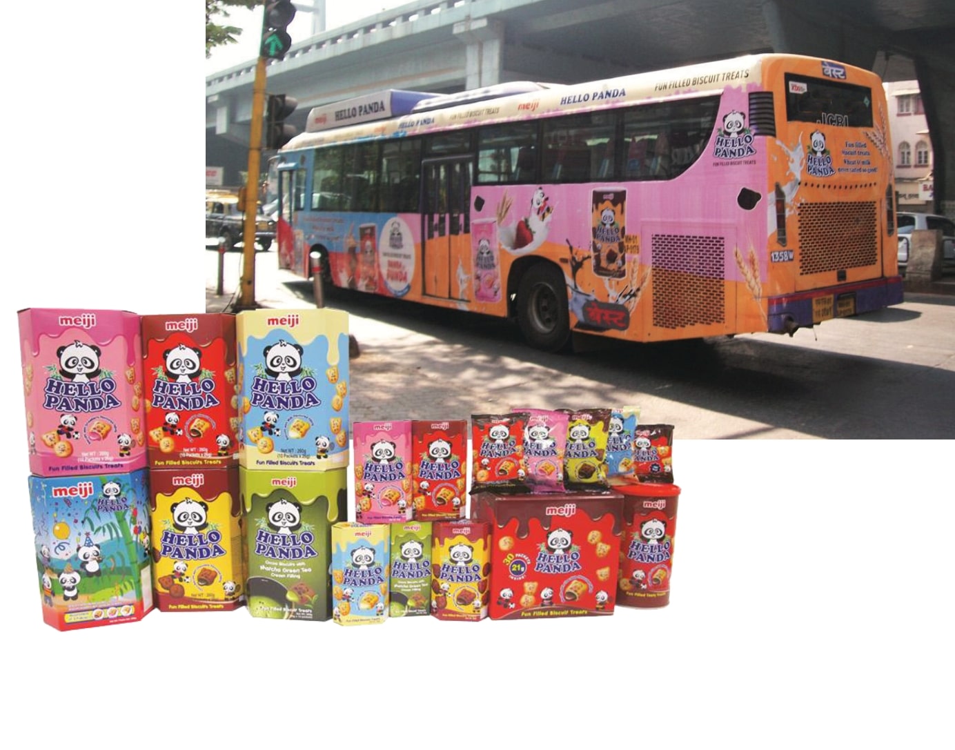 photo of Hello Panda brand products and its campaign bus