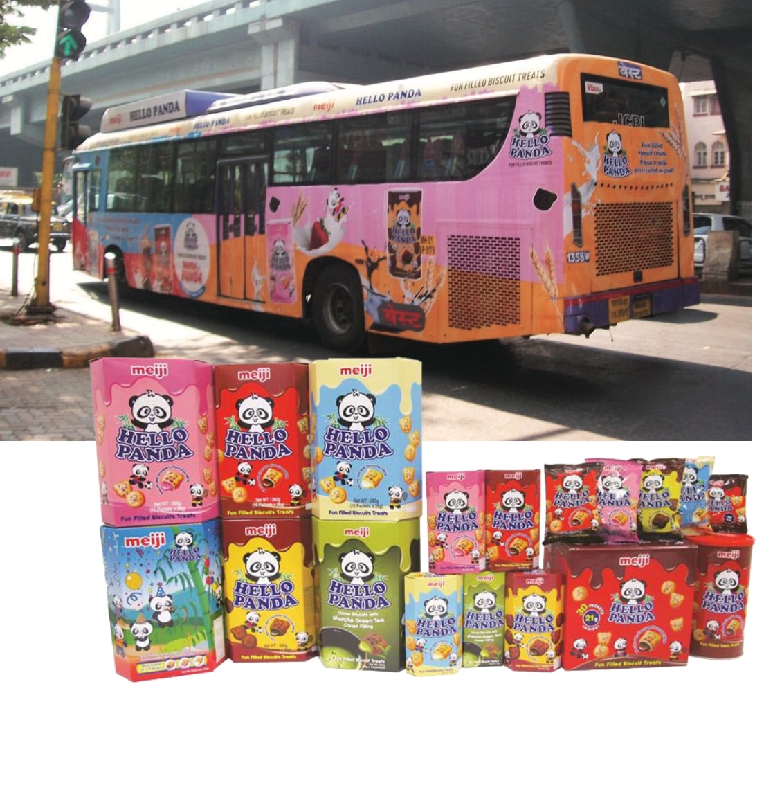 photo of Hello Panda brand products and its campaign bus