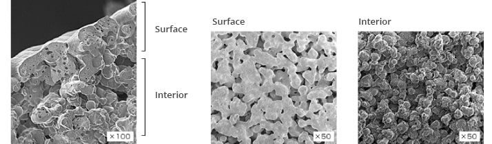 photo of solidified milk powder, cross-sections and surface via electron microscopy