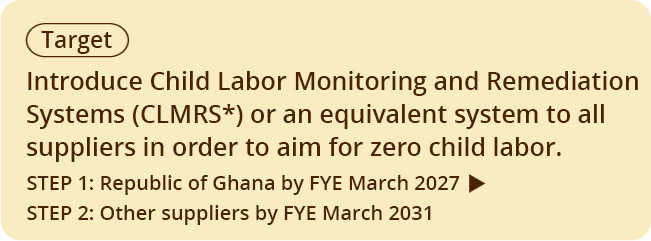 Target Introduce Child Labor Monitoring and Remediation Systems (CLMRS) or an equivalent system to all suppliers in order to aim for zero child labor. STEP 1: Republic of Ghana by FYE March 2027 STEP 2: Other suppliers by FYE March 2031