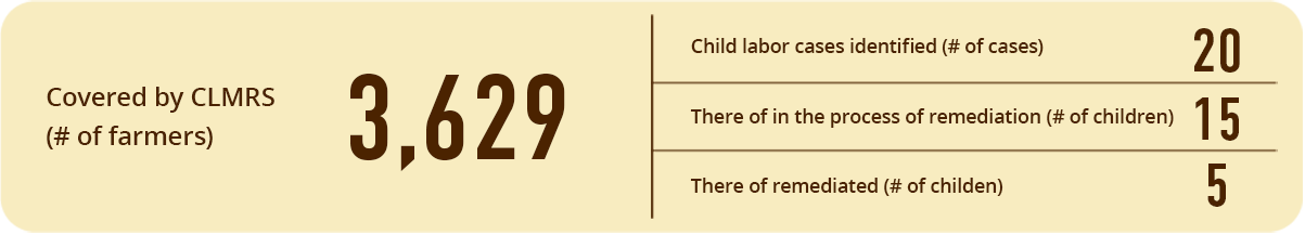 Covered by CLMRS (# of farmers) 3,629　Child labor cases identified (# of cases) 20　There of in the process of remediation (# of children) 15　There of remediated (# of childen) 5