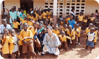 With children in front of elementary school