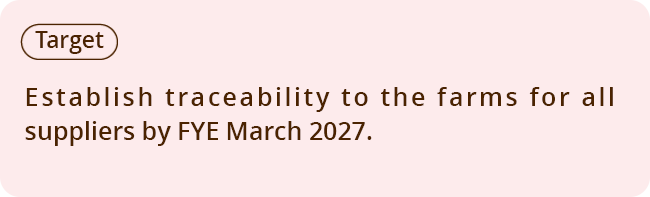 Target Establish traceability to the farms for all suppliers by FYE March 2027.