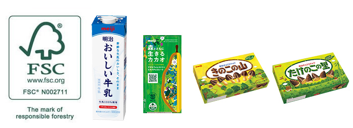 Photo: FSC logo, Meiji Oishii Gyunyu, Meiji Bulgaria Yogurt, Meiji Agroforestry Chocolate, Kinoko no Yama  (Chocorooms) , Takenokono no Sato (Chococones)