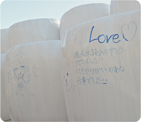 Graffiti left on a package of grass feed by an elementary school student who came to visit. It contains messages that the children learned.