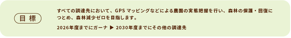 目標 すべての調達先において、GPSマッピングなどによる農園の実態把握を行い、森林の保護・回復につとめ、森林減少ゼロを目指します。 2026年度までにガーナ ▶ 2030年度までにその他の調達先