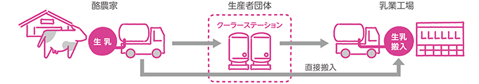 イラスト：維持向上に向けた成分、物性な高品質な生乳を安定調達するための取り組み・生産現場　牛の飼育環境や飼料の確認、生産者団体への生乳の風味に関する勉強会の開催・工場搬入時　風味専門パネラーの育成と搬入時の検査徹底・研究所　品質のどの理化学分析、おいしさの評価ならびに情報発信、検査をより正確かつ迅速に行うための技術開発