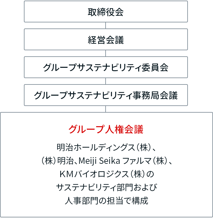 イラスト：人権に関する体制の図。グループサステナビリティ事務局会議の下にグループ人権会議を設置。明治ホールディングスおよび３事業会社のサステナビリティ部門および人事部門の担当で構成されています。