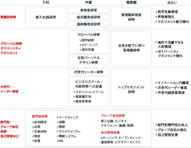 イラスト：階層別研修やグローバル研修、次世代リーダー育成などの能力開発プログラムをまとめた図です。